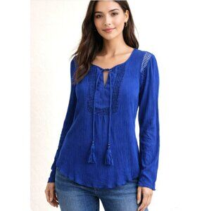 Women’s XL Royal Blue Boho Blouse Crinkle Tie Neck Long Sleeve Crochet Trim Top